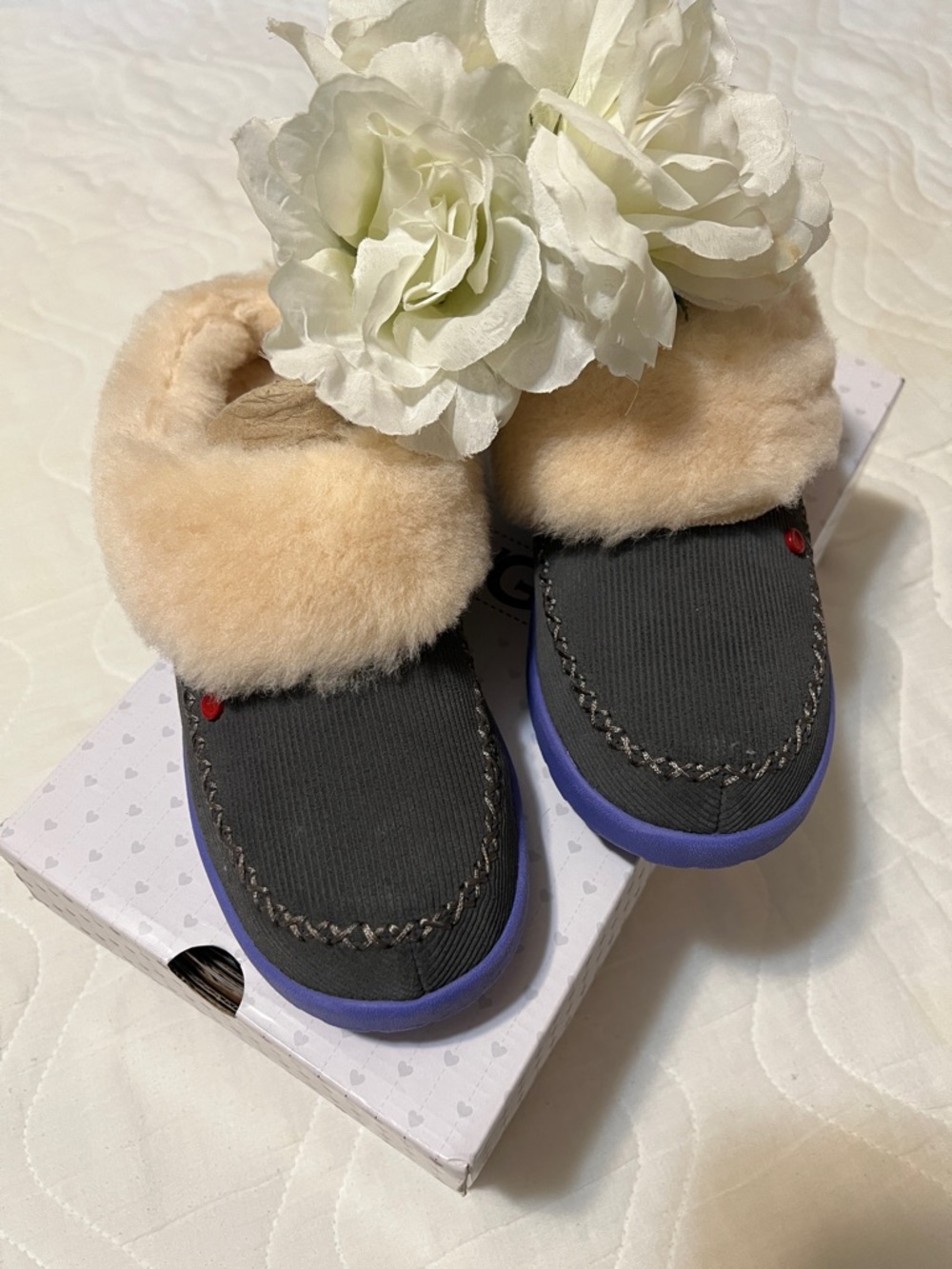 UGG Kids Shearling-Lined Moccasin Slippers with Purple Soles